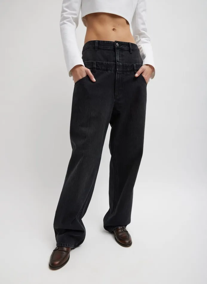 Women Pants and Shorts Tibi Vintage Black Denim Double Waisted Slouchy Carpenter Jean Black