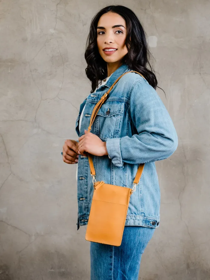 Women Personalized Leather Able Maybelle Phone Crossbody Cognac