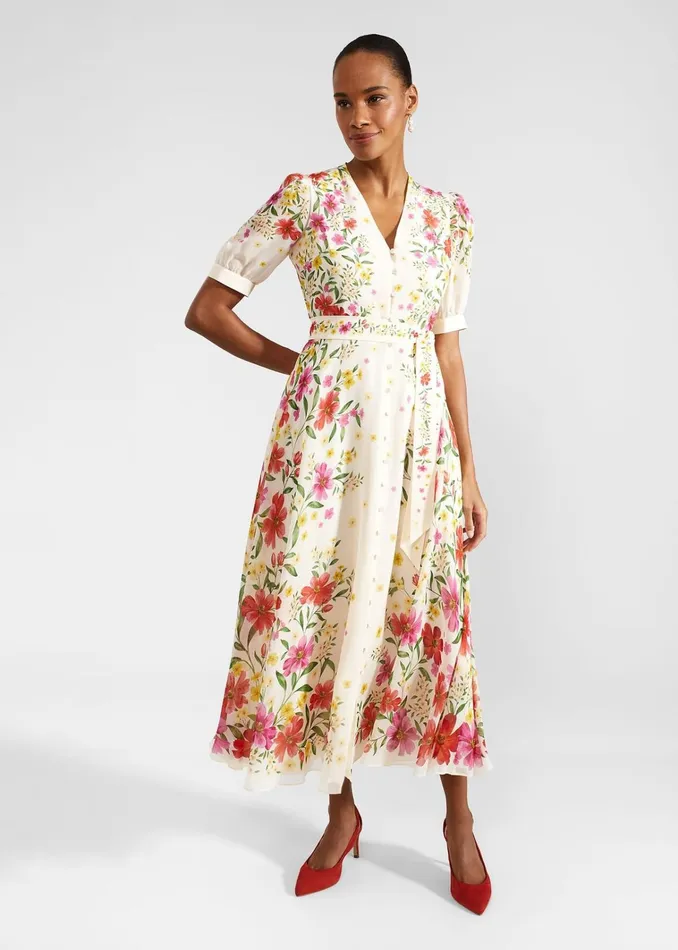 Women Petite Aurelia Floral Silk Dress Cream Multi Hobbs Dresses and Jumpsuits