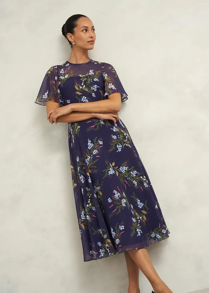 Women Petite Callie Midi Dress Navy Multi Hobbs Dresses and Jumpsuits