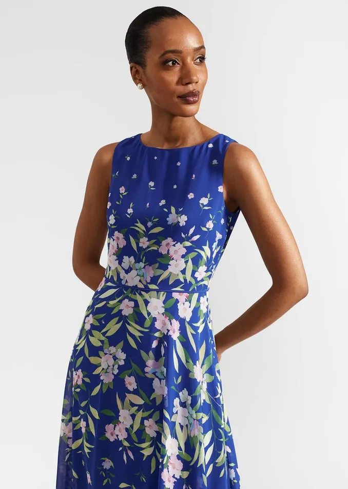 Women Petite Carly Floral Midi Dress Blue Multi Hobbs Dresses and Jumpsuits
