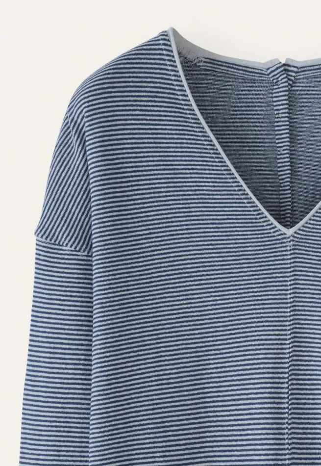 Women Striped Vneck Top Midnight White Poetry Fashion TShirt and Tops