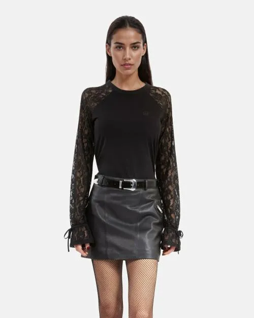 Women Tshirts The Kooples Black Lace Long Sleeve TShirt Black Washed