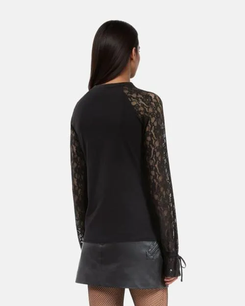 Women Tshirts The Kooples Black Lace Long Sleeve TShirt Black Washed