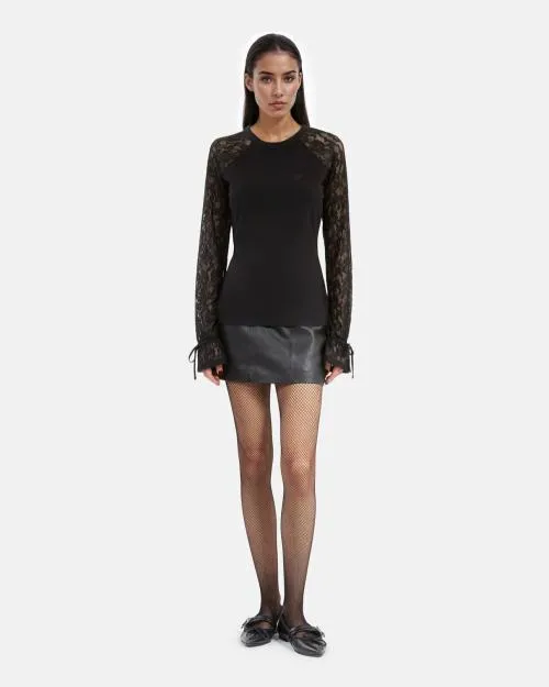 Women Tshirts The Kooples Black Lace Long Sleeve TShirt Black Washed