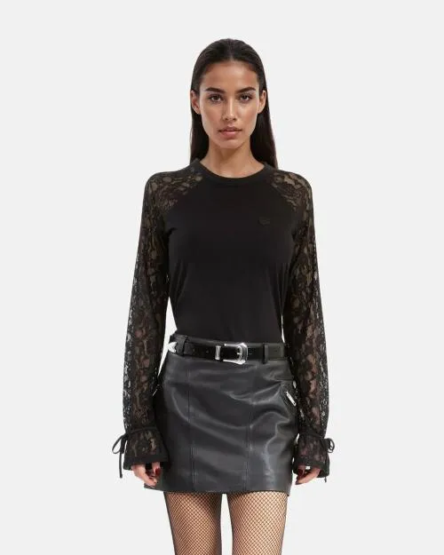 Women Tshirts The Kooples Black Lace Long Sleeve TShirt Black Washed