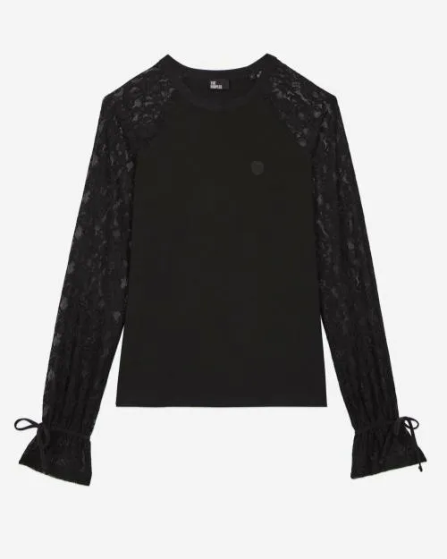 Women Tshirts The Kooples Black Lace Long Sleeve TShirt Black Washed
