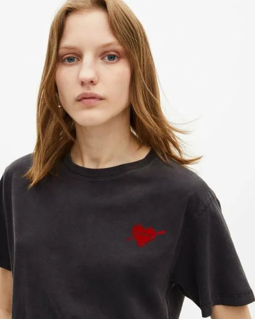 Women Tshirts The Kooples Black TShirt With Heart Flocking Black Washed