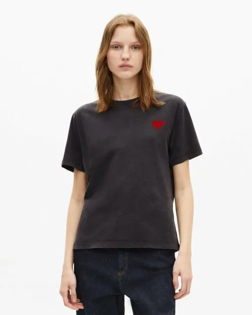 Women Tshirts The Kooples Black TShirt With Heart Flocking Black Washed