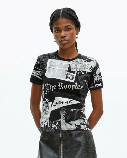 Women Tshirts The Kooples TShirt With Black And White Screen Printing Black Washed