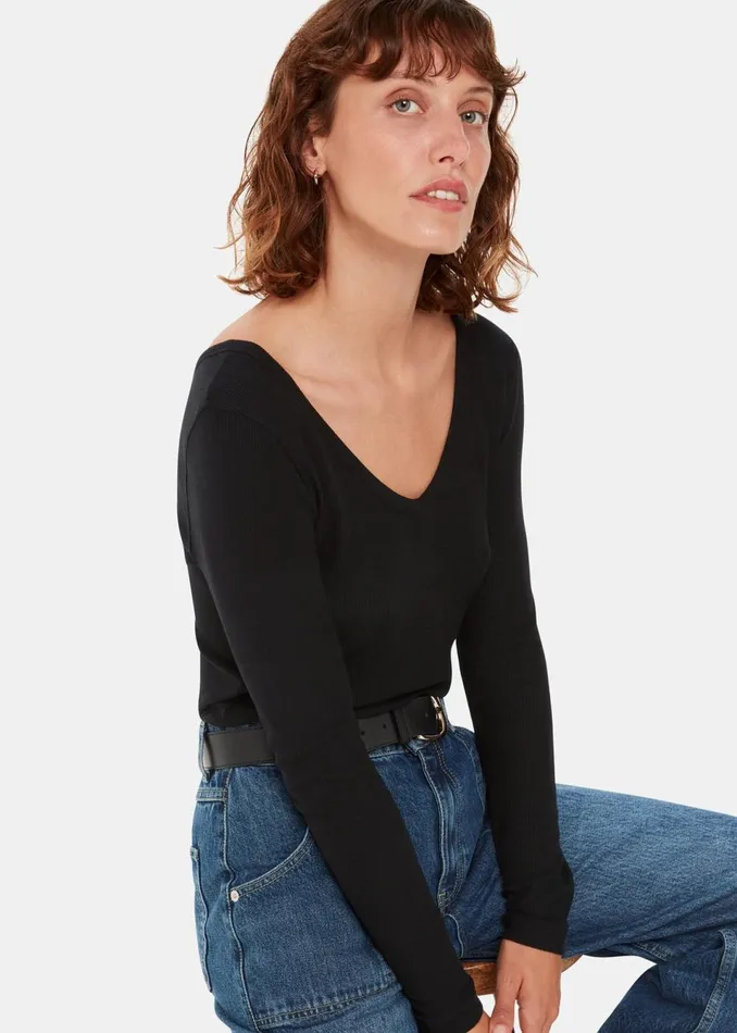 Women TShirts Whistles Black Essential Ribbed V Neck