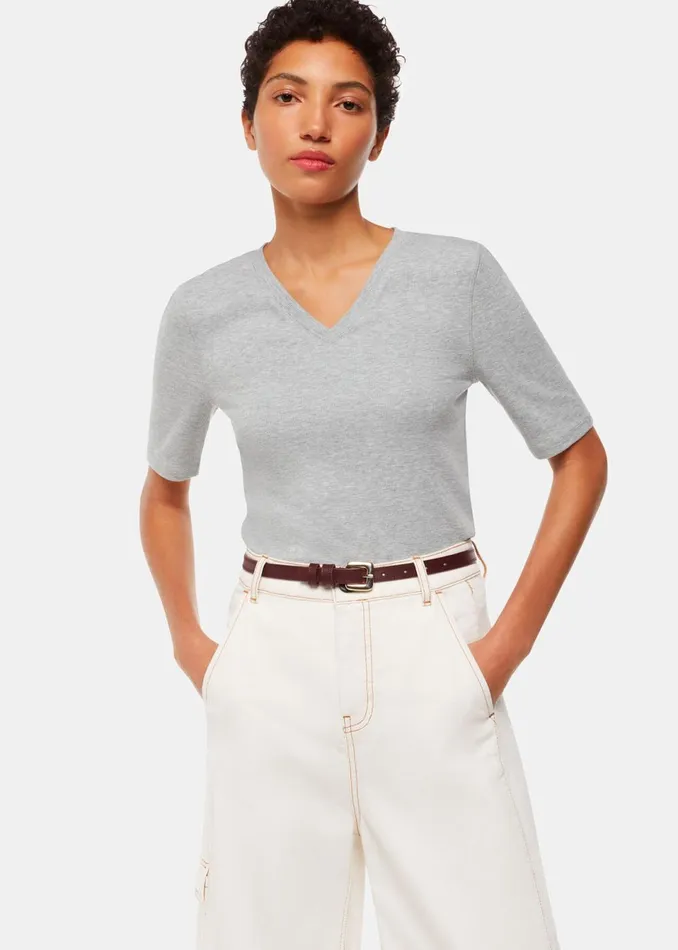 Women TShirts Whistles Grey Marl V Neck Ribbed TShirt