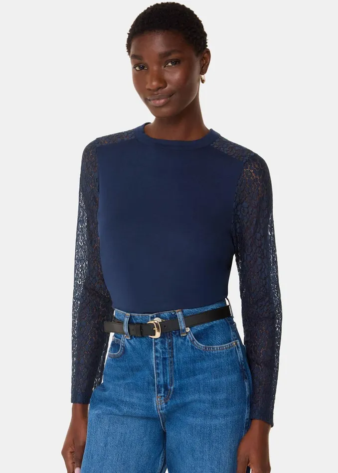 Women TShirts Whistles Navy Lace Sleeve Detail Top