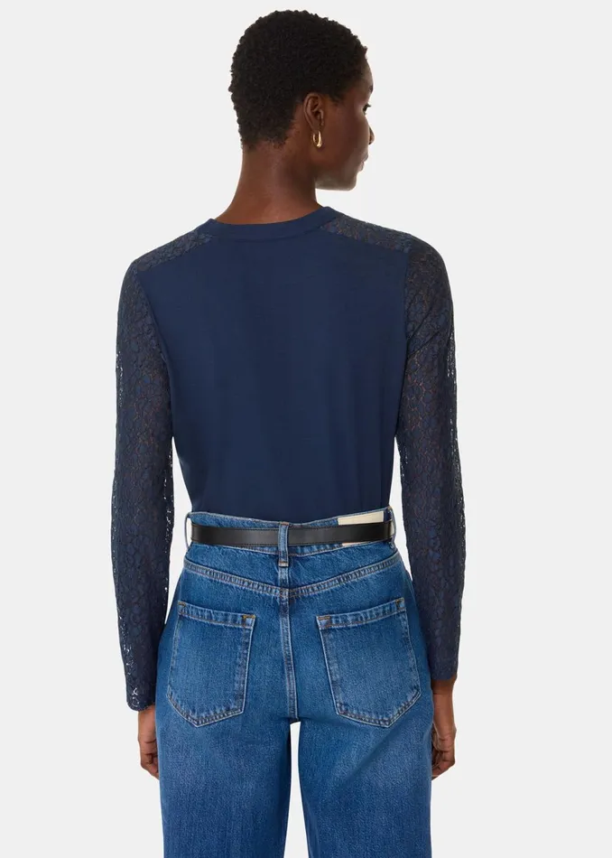 Women TShirts Whistles Navy Lace Sleeve Detail Top