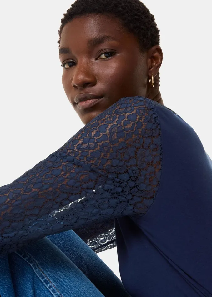 Women TShirts Whistles Navy Lace Sleeve Detail Top