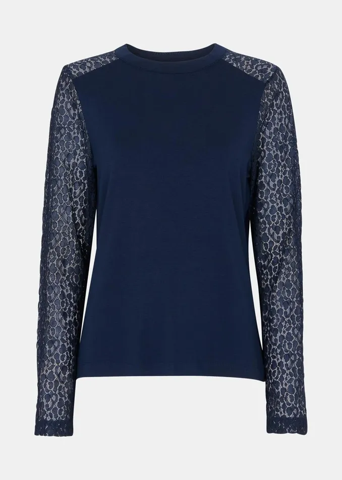Women TShirts Whistles Navy Lace Sleeve Detail Top