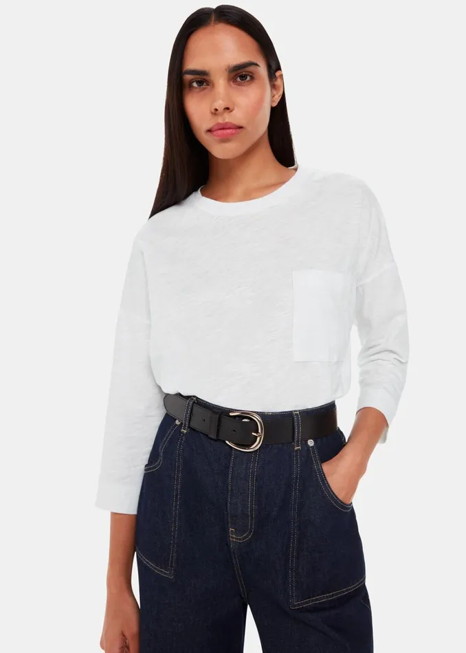 Women TShirts Whistles White Cotton Patch Pocket Top