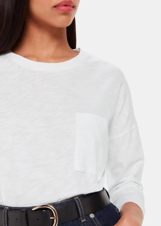 Women TShirts Whistles White Cotton Patch Pocket Top