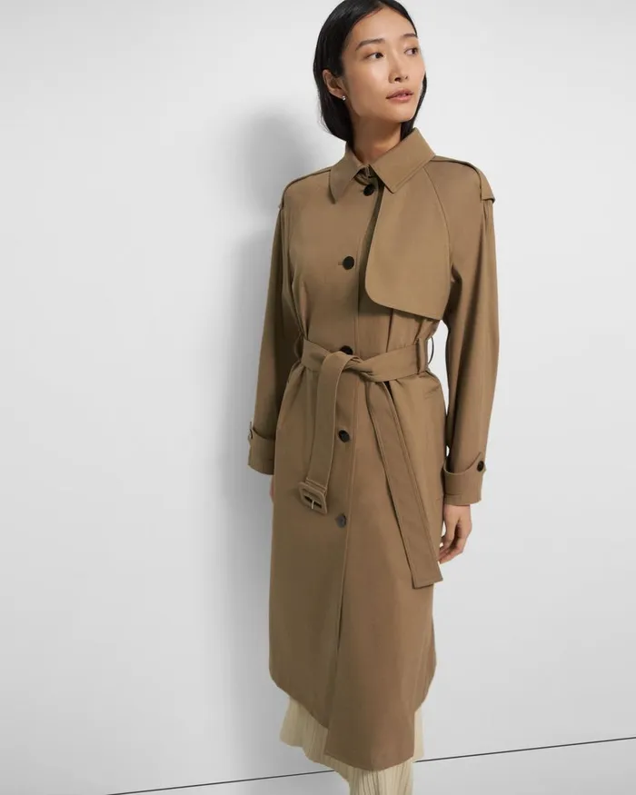 Women Theory Outerwear Belted Trench Coat In Technical Twill Camel