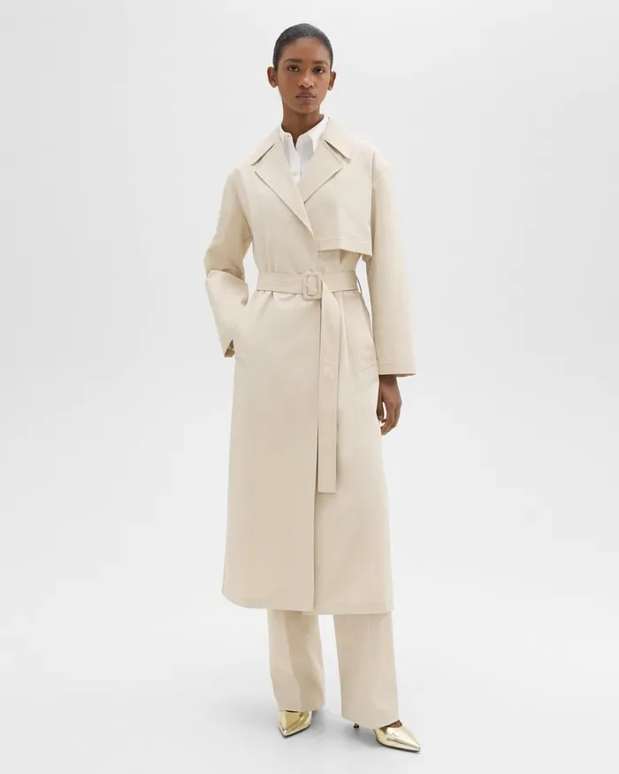 Women Theory Outerwear Wrap Trench Coat In Organic Cotton Sand
