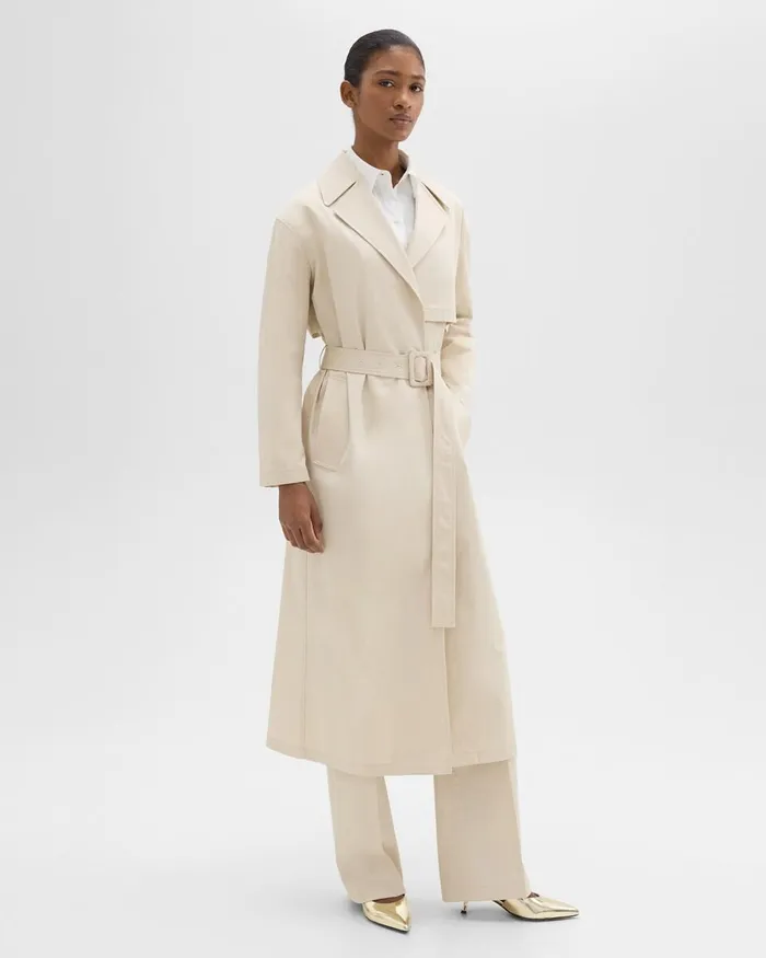Women Theory Outerwear Wrap Trench Coat In Organic Cotton Sand