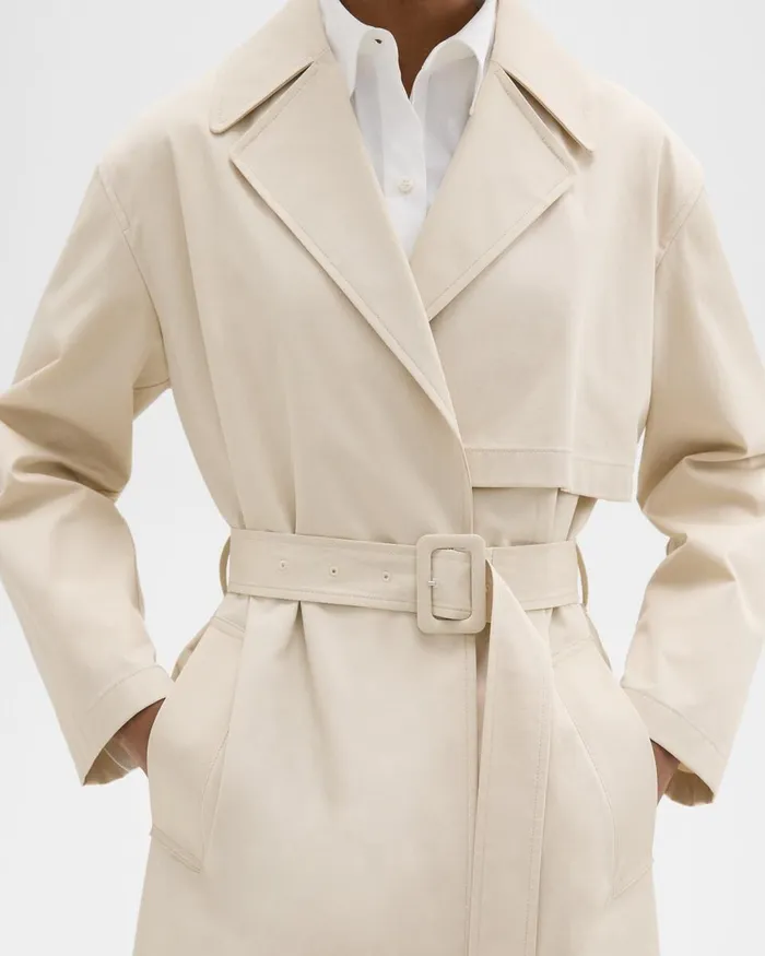 Women Theory Outerwear Wrap Trench Coat In Organic Cotton Sand