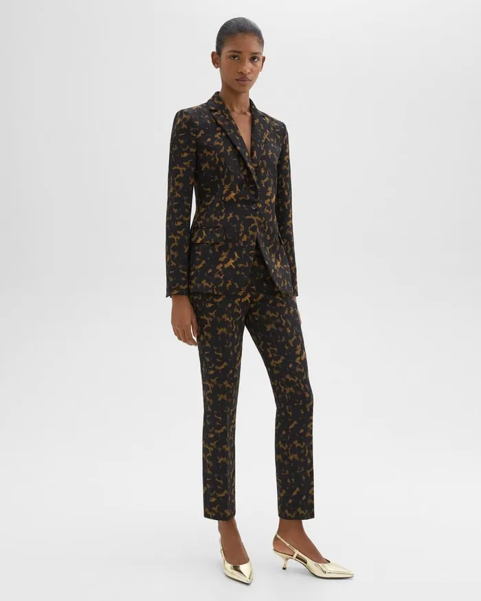 Women Theory Suits HighWaist Slim Crop Pant In Tortoiseshell Printed Crepe Dark Brown Multi