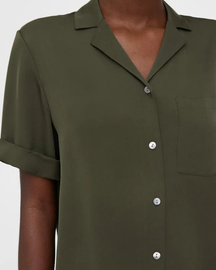 Women Theory Tops Camp Shirt In Silk Georgette Dark Olive