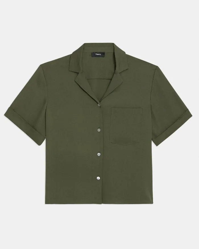 Women Theory Tops Camp Shirt In Silk Georgette Dark Olive