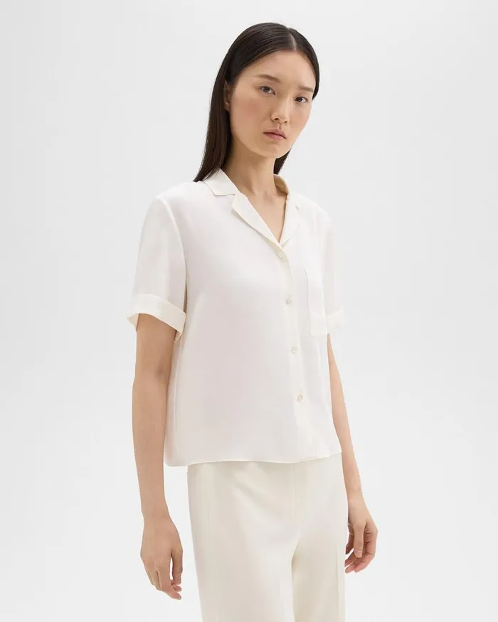 Women Theory Tops Camp Shirt In Silk Georgette Ivory