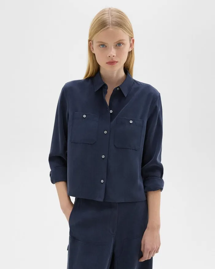 Women Theory Tops Patch Pocket Shirt In Fluid Twill Nocturne Navy
