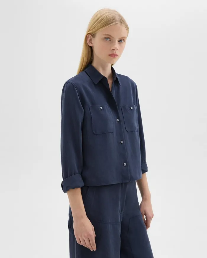 Women Theory Tops Patch Pocket Shirt In Fluid Twill Nocturne Navy