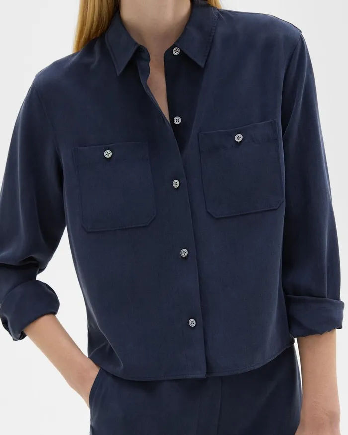 Women Theory Tops Patch Pocket Shirt In Fluid Twill Nocturne Navy