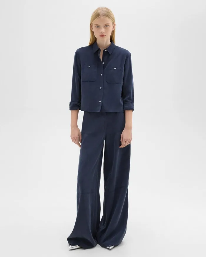 Women Theory Tops Patch Pocket Shirt In Fluid Twill Nocturne Navy