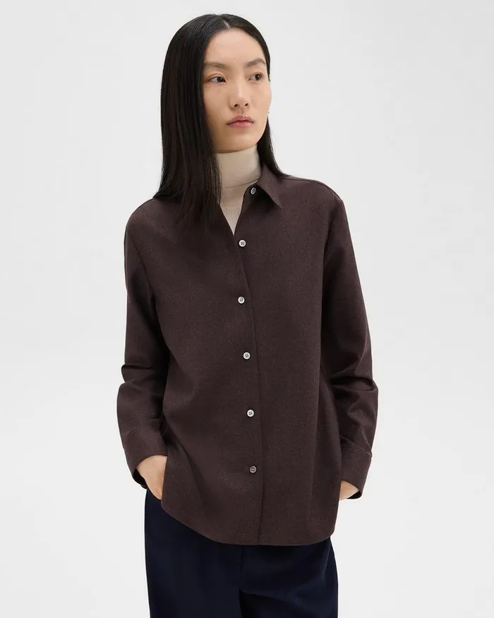 Women Theory Tops Straight Shirt In Sleek Flannel Hickory Melange