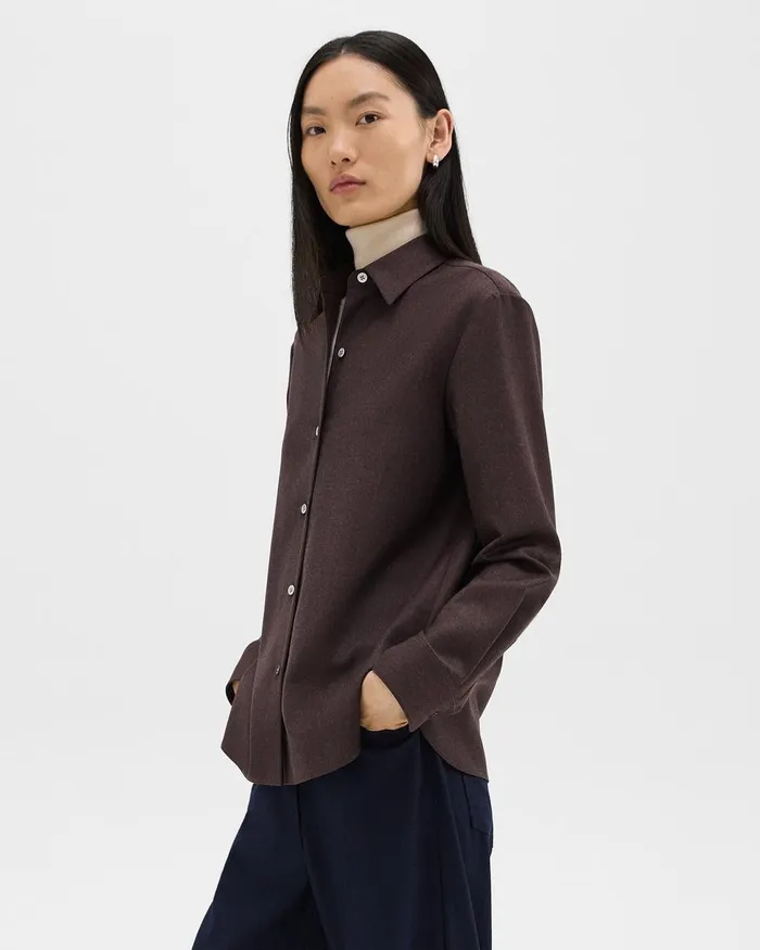 Women Theory Tops Straight Shirt In Sleek Flannel Hickory Melange