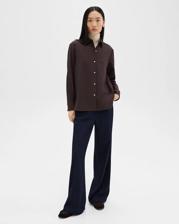Women Theory Tops Straight Shirt In Sleek Flannel Hickory Melange