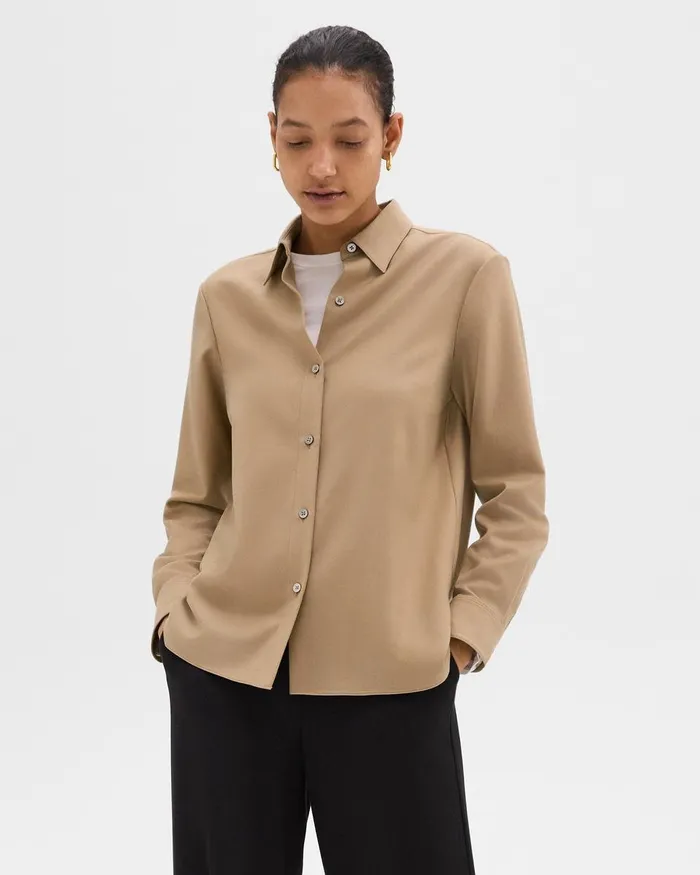 Women Theory Tops Straight Shirt In Sleek Flannel New Camel