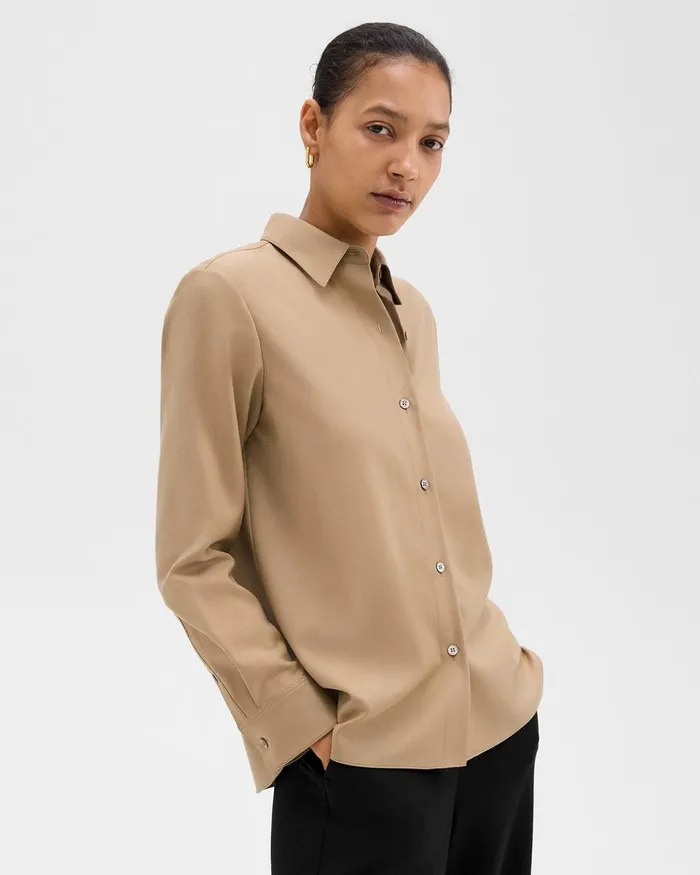 Women Theory Tops Straight Shirt In Sleek Flannel New Camel