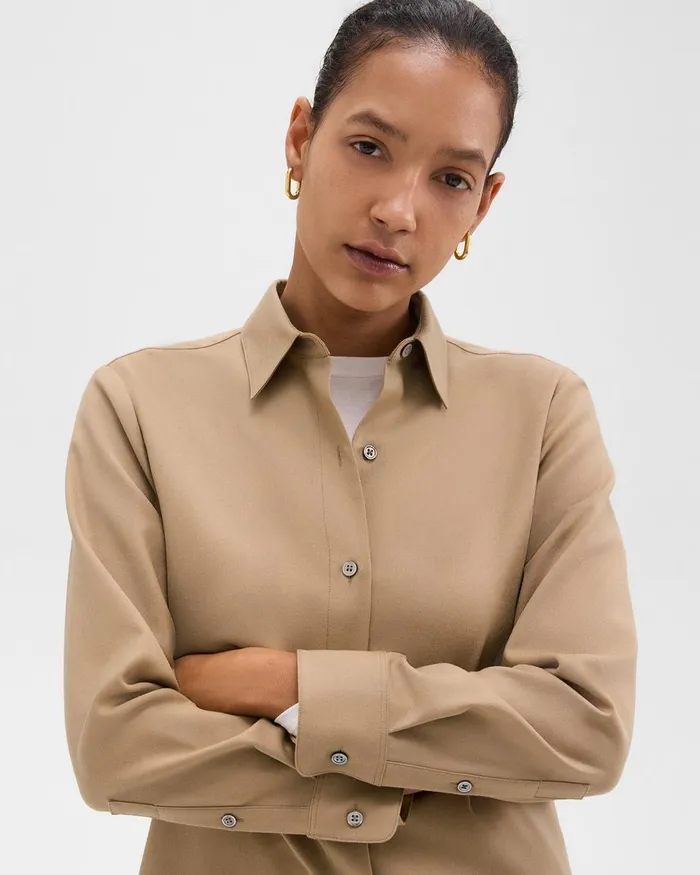 Women Theory Tops Straight Shirt In Sleek Flannel New Camel