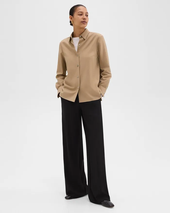 Women Theory Tops Straight Shirt In Sleek Flannel New Camel