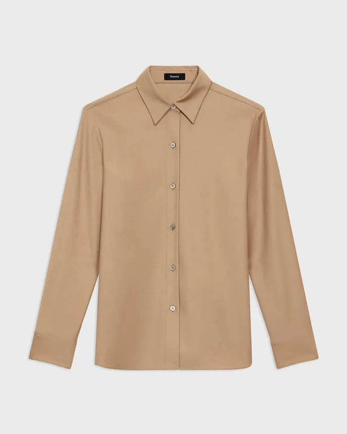 Women Theory Tops Straight Shirt In Sleek Flannel New Camel