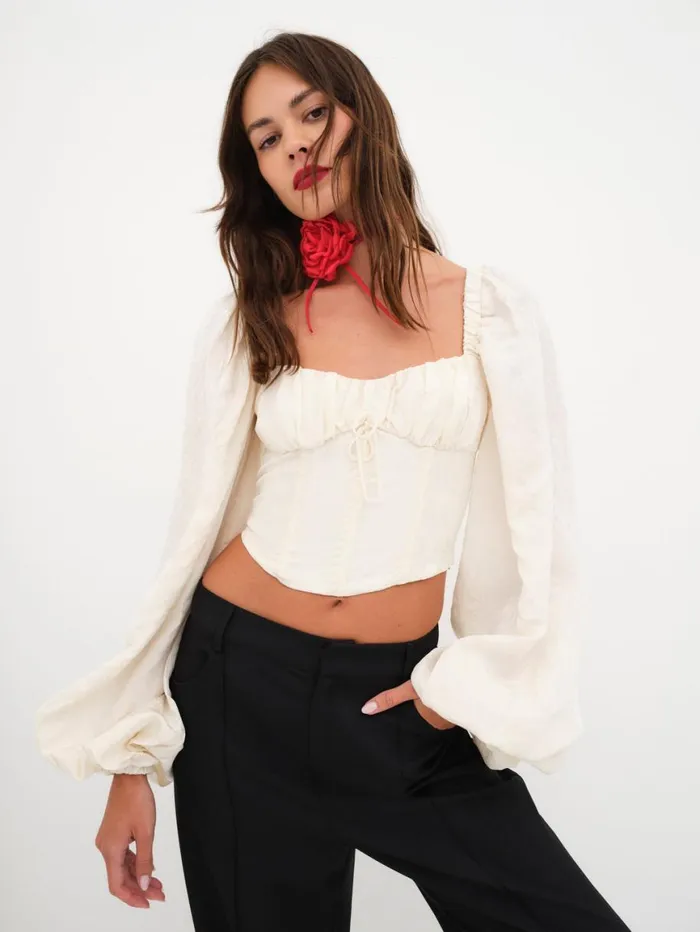 Women Tops For Love and Lemons Janet Long Sleeve Corset Top Ivory