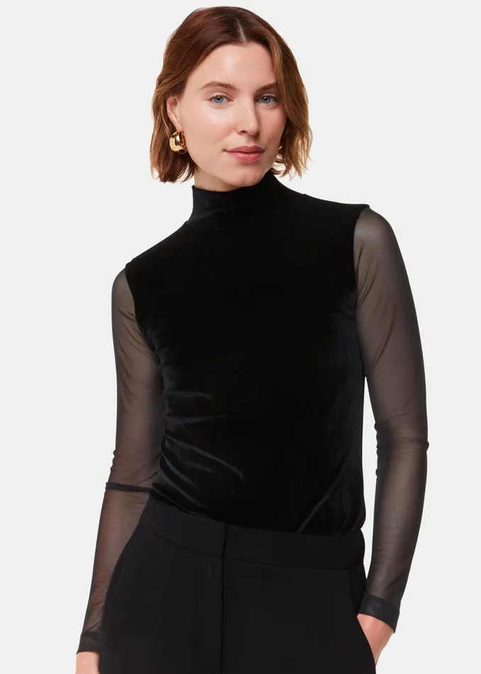 Women Tops Whistles Black Velvet Mesh Sleeve Top