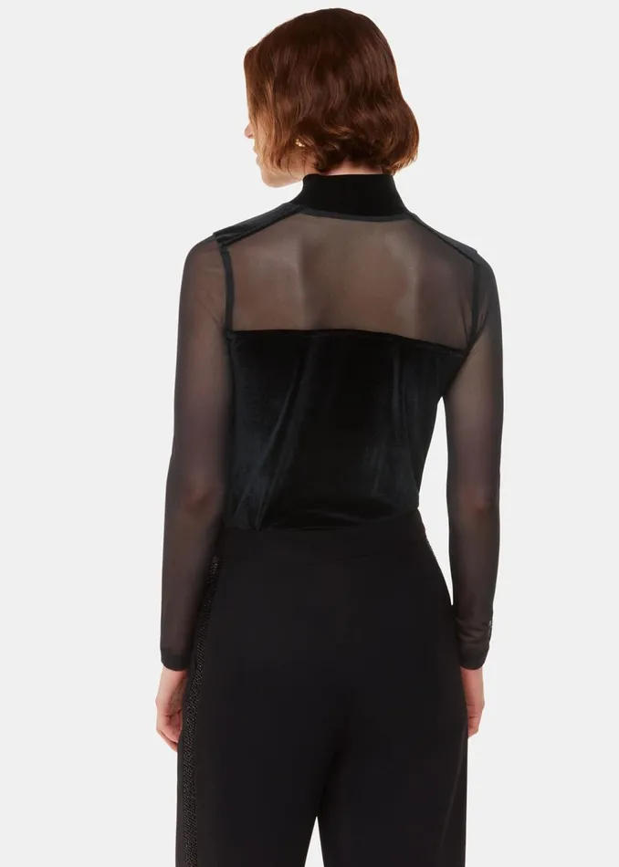 Women Tops Whistles Black Velvet Mesh Sleeve Top