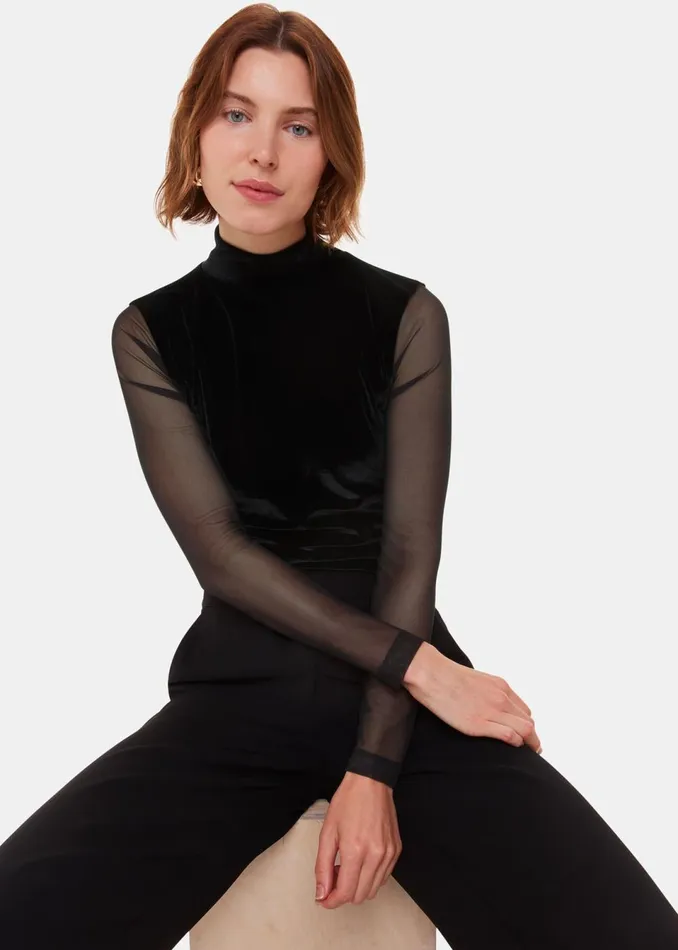 Women Tops Whistles Black Velvet Mesh Sleeve Top