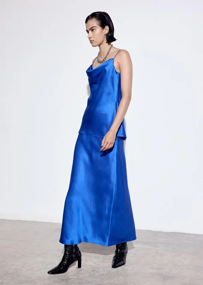 Women Tops Whistles Blue Satin Cowl Neck Cami