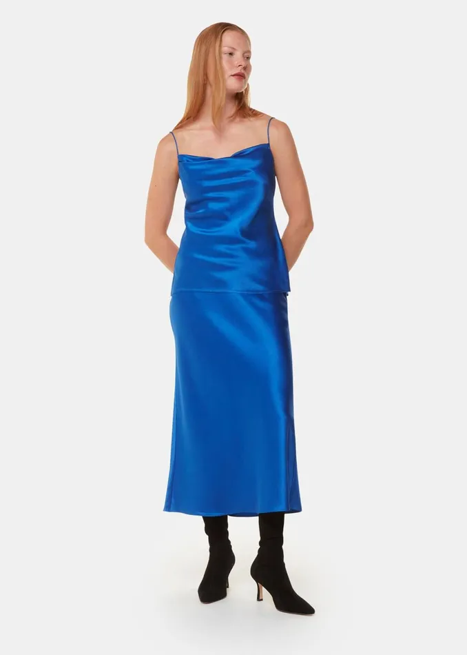Women Tops Whistles Blue Satin Cowl Neck Cami