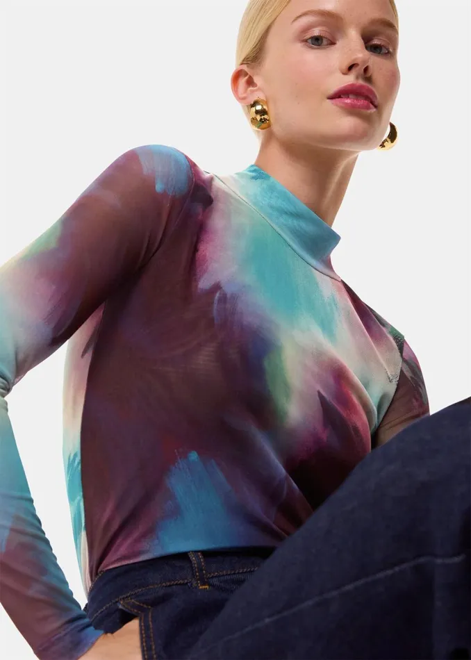Women Tops Whistles Multicolour Oil Paint Print Mesh Top