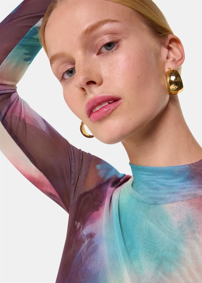 Women Tops Whistles Multicolour Oil Paint Print Mesh Top
